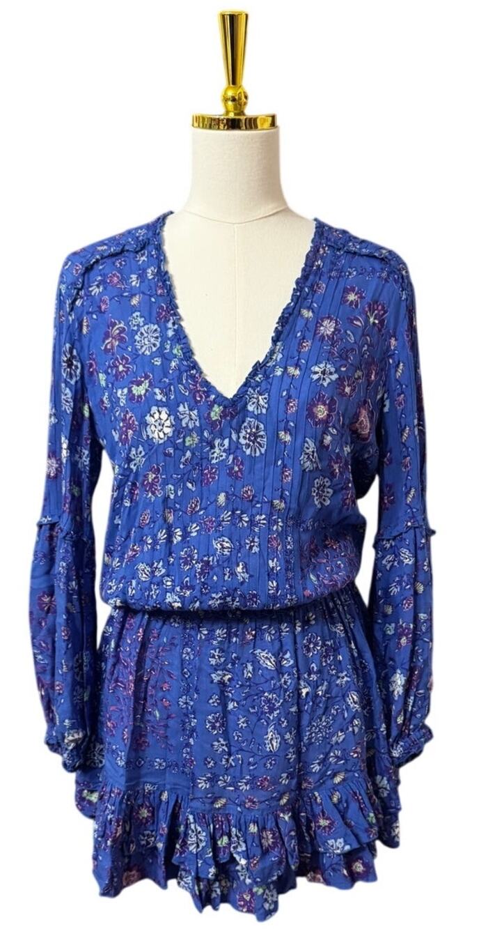 Poupette St Barth Blue Floral Print Long Sleeve Ruffle Mini Dress, Size S